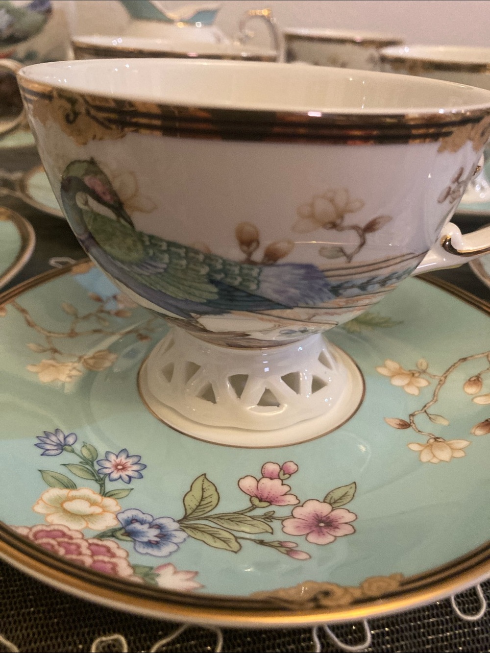 english rose Mint Green Floral & Bird Porcelain Teacup with Gold Trim